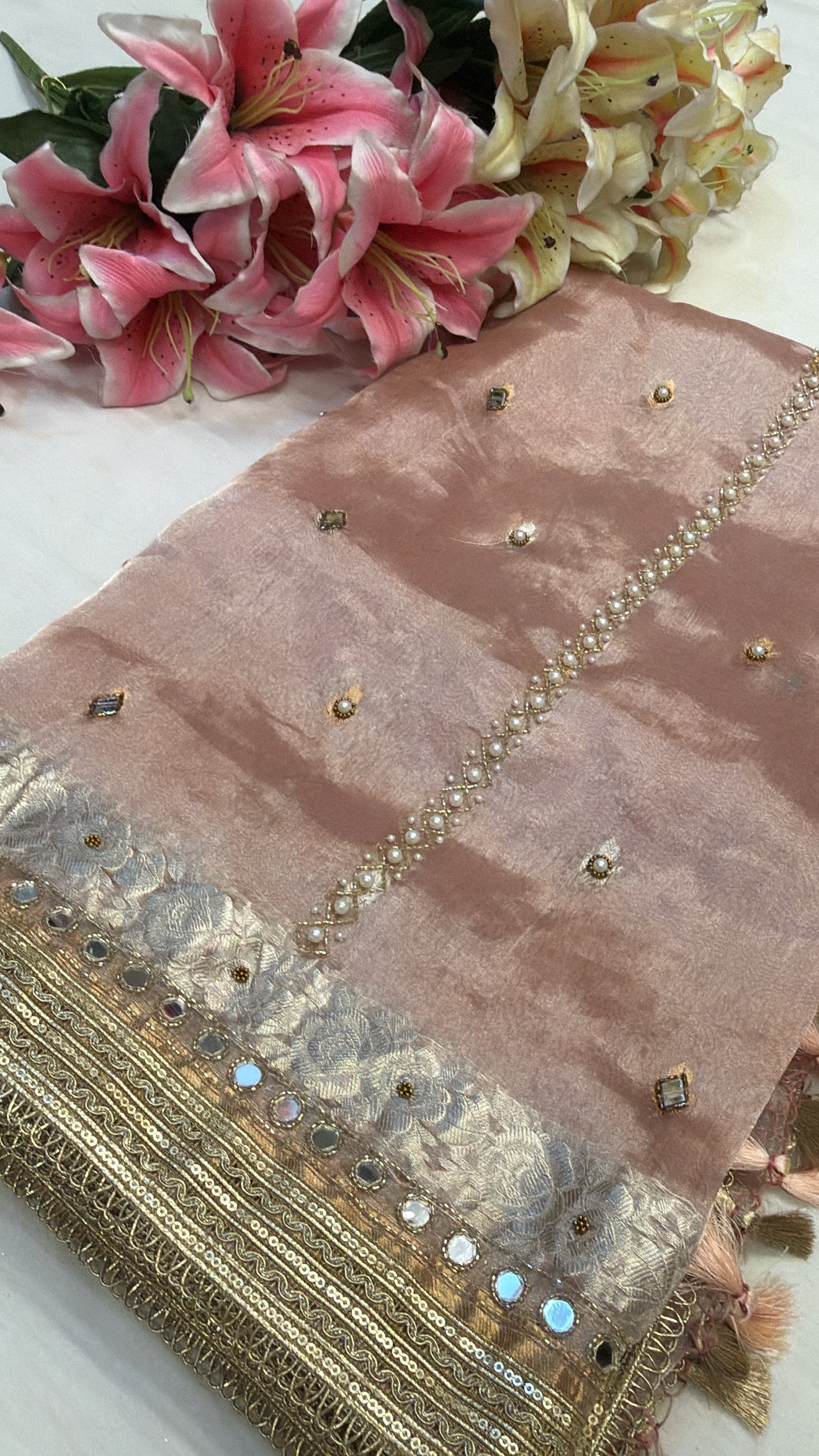 Blush peach husn tissue silk hand embroidered kadhwa saree